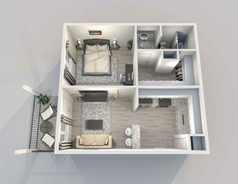 A 3D floor plan of a small apartment with a bedroom, living room, and kitchen.